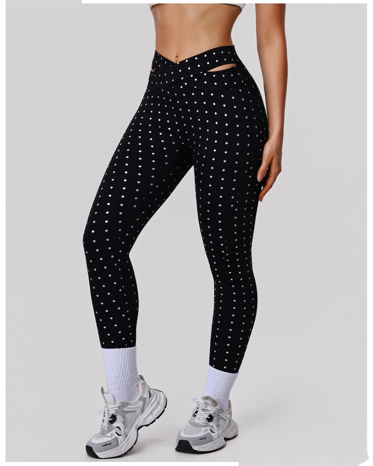 Bulk Custom Polka Dot Yoga Leggings - Women's High-Waisted Cross Cutout Butt-Lifting Sports Pants detail