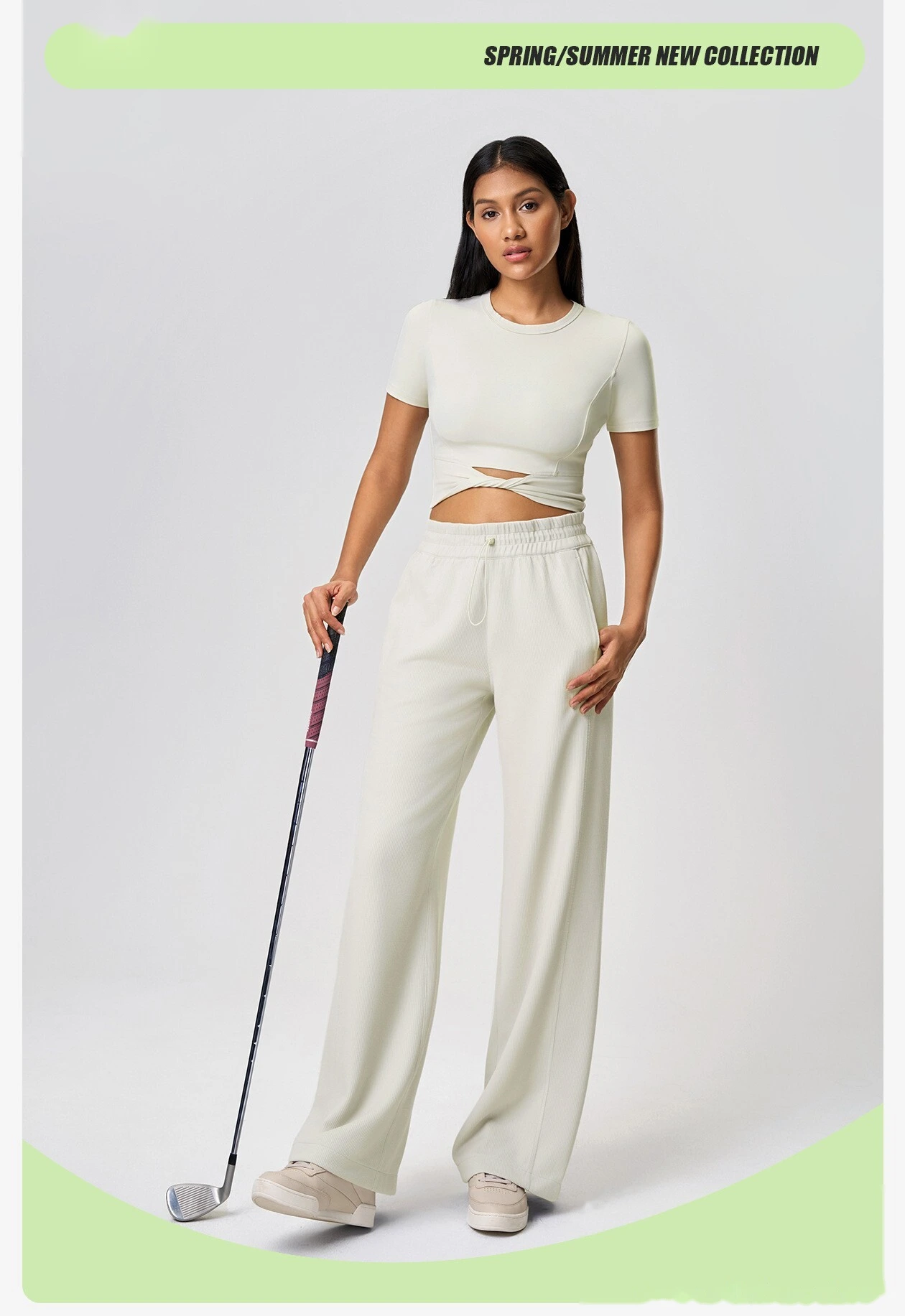 Yoga high waist straight pants waist drawstring casual pants with long legs and loose wide legs running pants detail