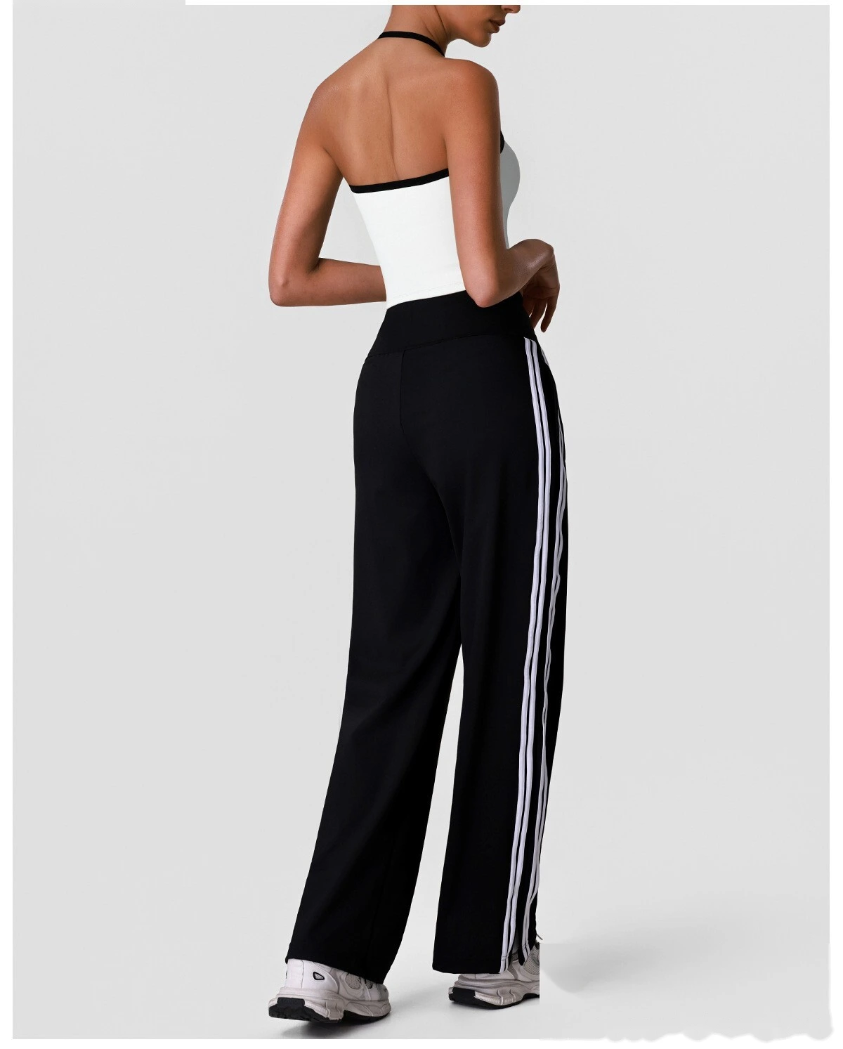 Halter Padded Sports Vest & Color Block Striped Wide Leg Pants Set for Women, Fitness Running Workout Suit detail