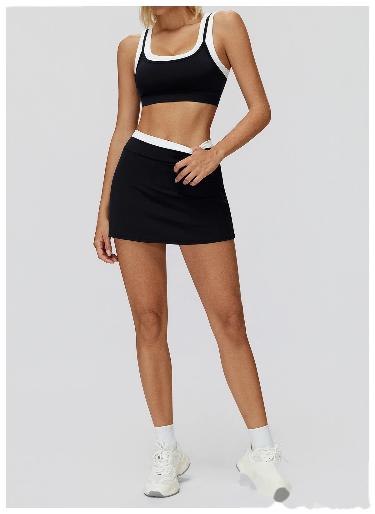 Customizable Naked-Feel Athletic Skirt | Women's Contrast High-Waist Ribbed, Fake Two-Piece, Anti-Slip detail