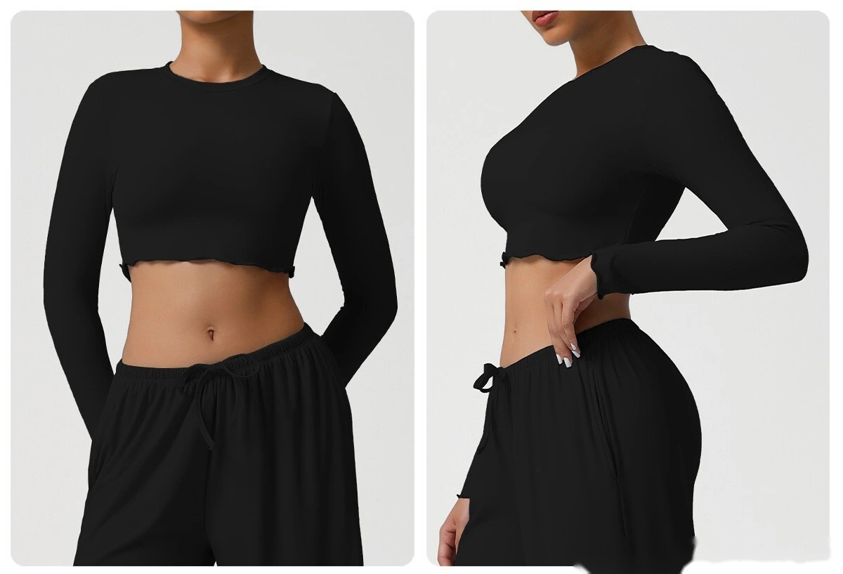 Customize the new yoga fitness suit skin-friendly breathable short slim slimming sports long sleeve T-shirt. detail