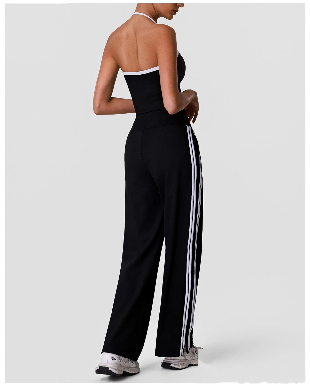 Halter Padded Sports Vest & Color Block Striped Wide Leg Pants Set for Women, Fitness Running Workout Suit detail