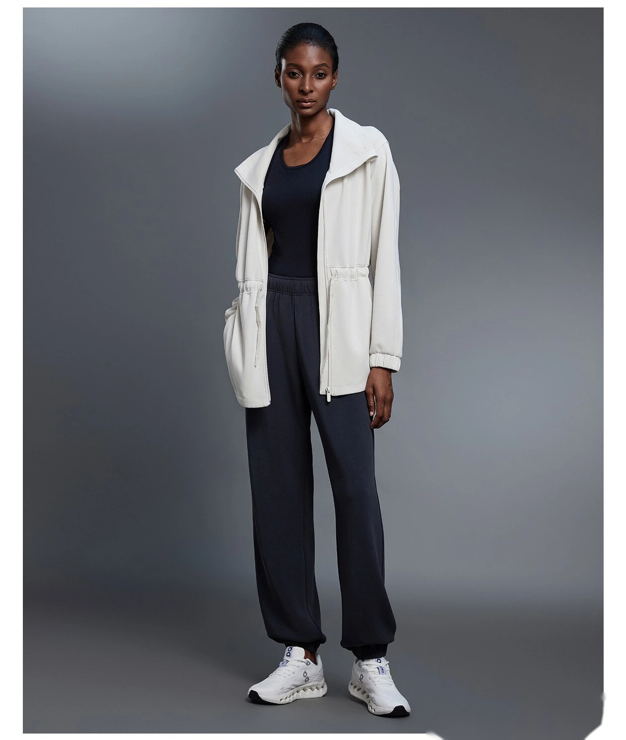 Custom-made long coat women's drawstring waist jacket leisure commuter sports windbreaker detail