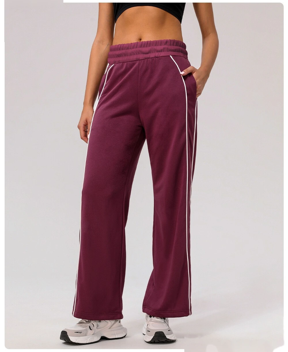 Custom leisure sports pants contrast American loose straight pants women's pocket yoga hip fitness wide-leg pants detail
