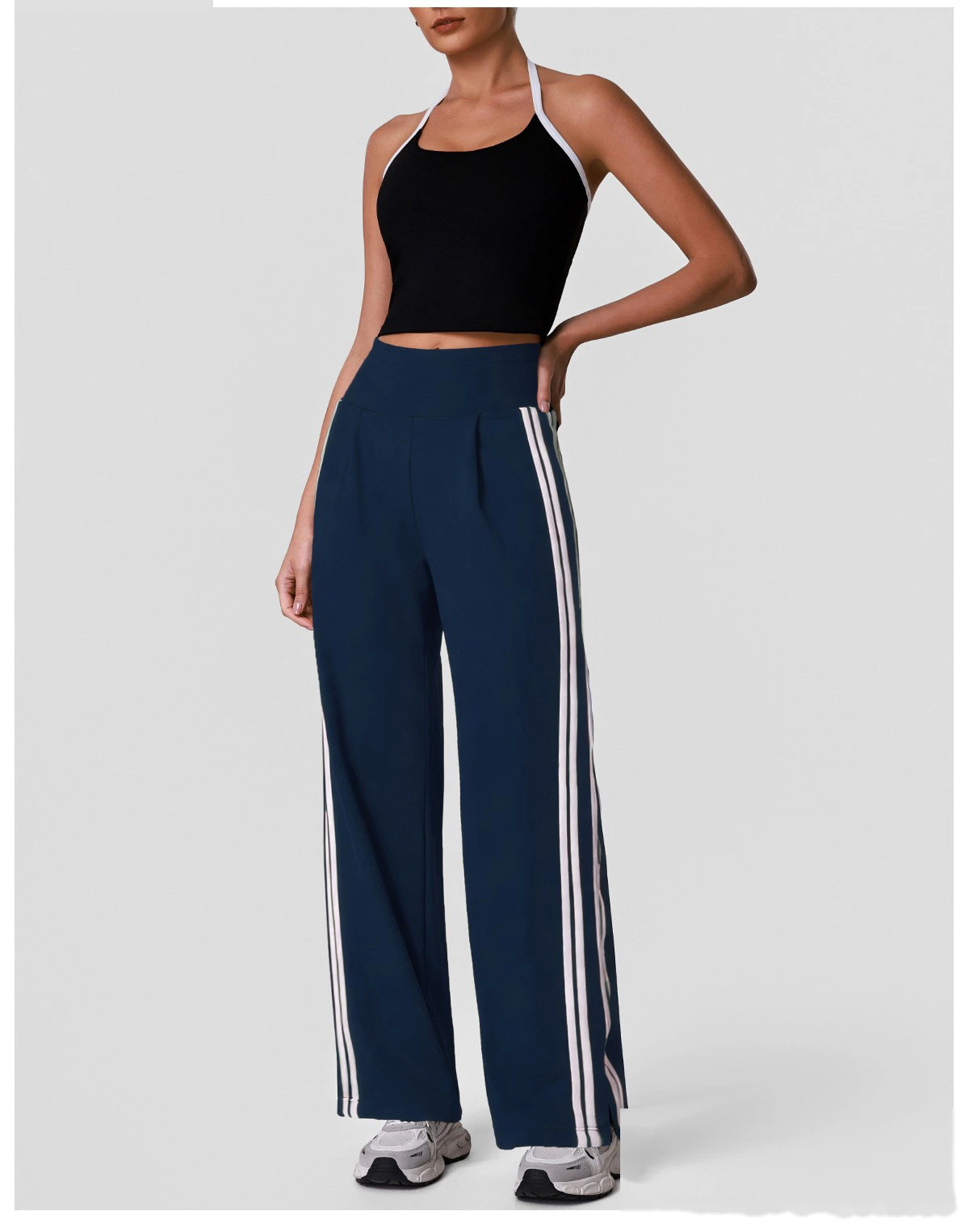 Halter Padded Sports Vest & Color Block Striped Wide Leg Pants Set for Women, Fitness Running Workout Suit detail