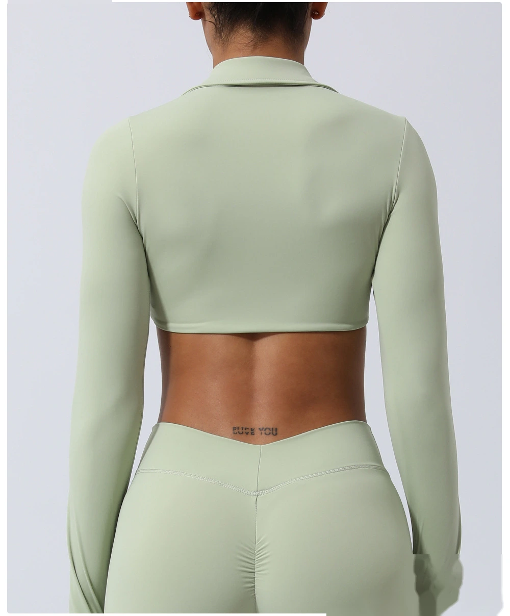 Custom-made nude lapel twisted sports shirt sexy navel yoga clothes long sleeve T-shirt detail