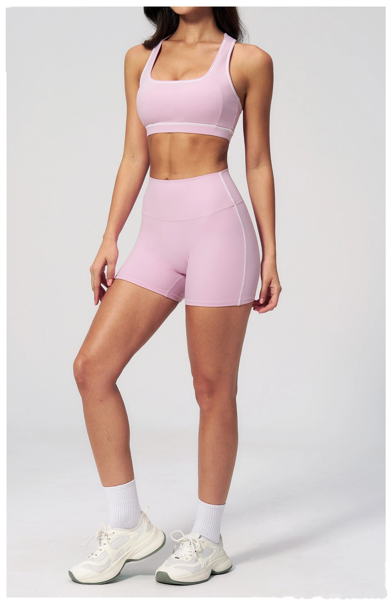European American Style Color Block Yoga Bra & Hip Lifting Shorts Set, Women 2 Piece Fitness Activewear detail