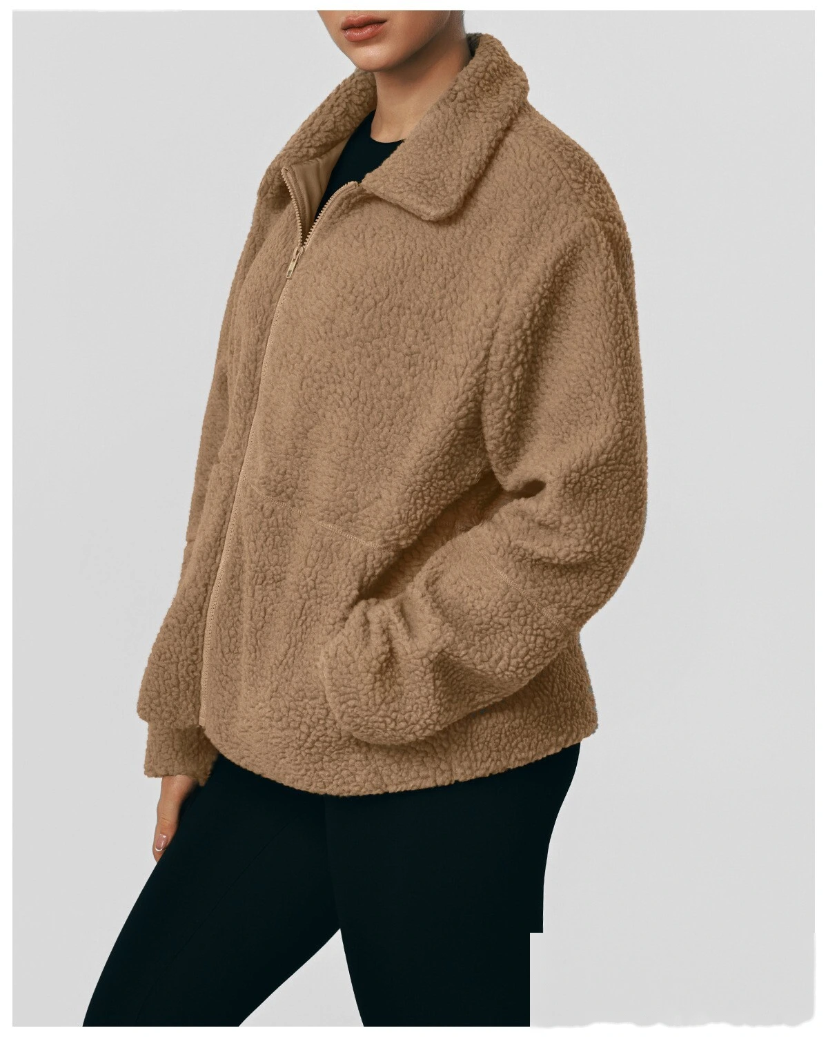 Women's Customizable Winter Fleece Jacket - Thick Sherpa Lined Lapel Cardigan, Warm Activewear for Running & Leisure detail