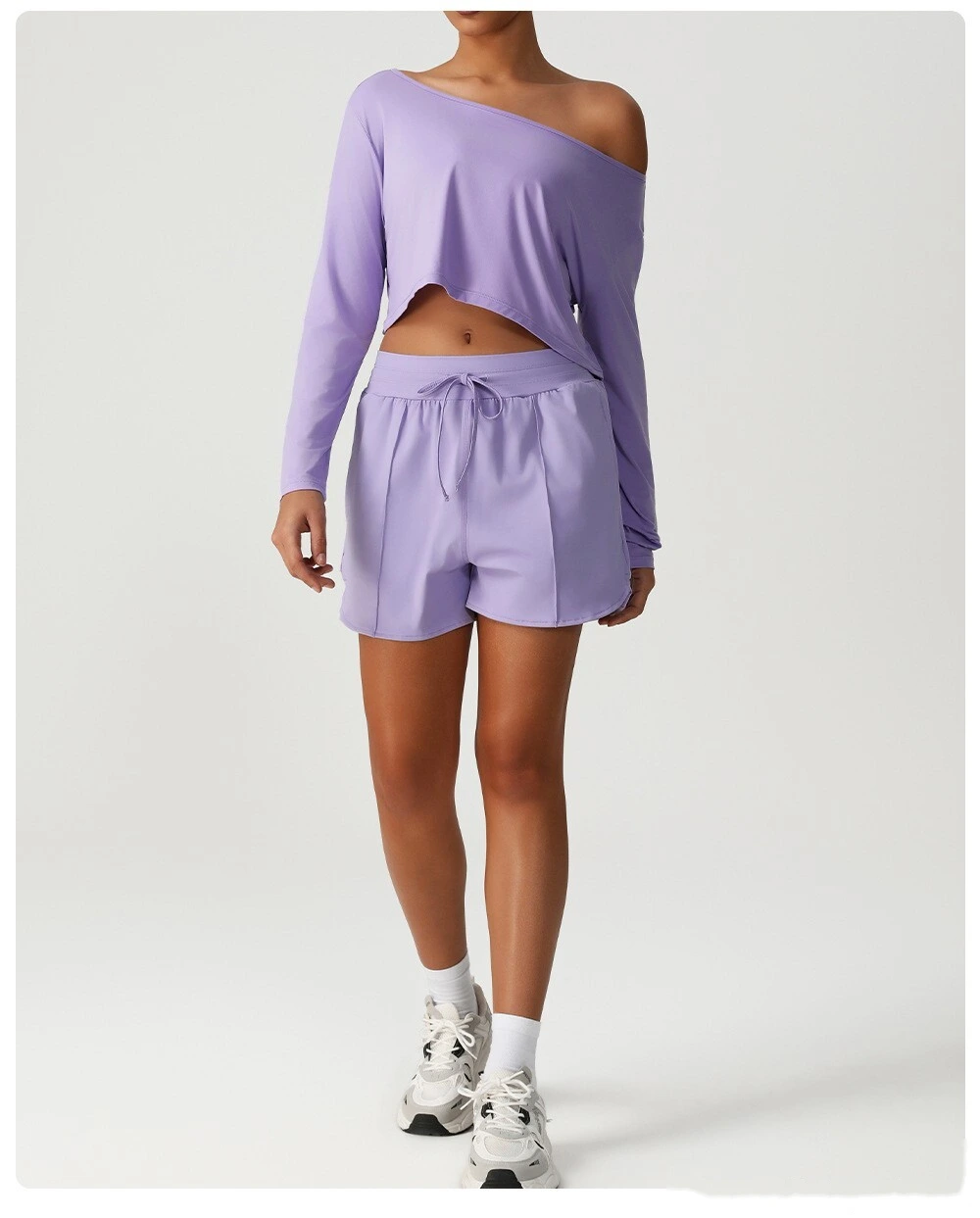 Customized diagonal shoulder long sleeve sports and leisure top high elastic loose T-shirt yoga fitness suit detail