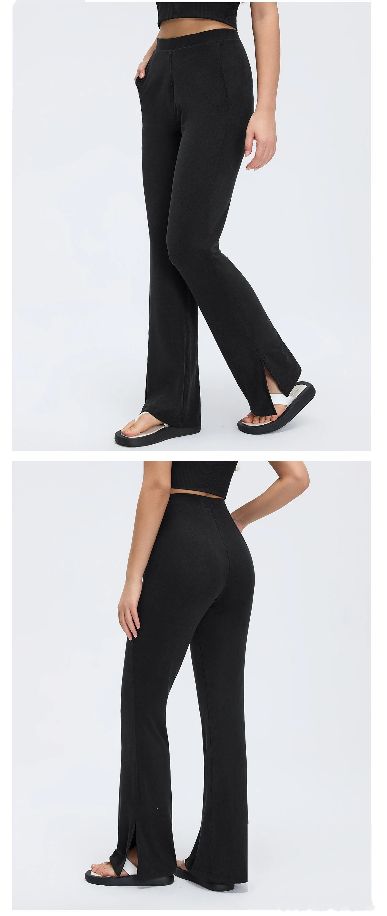 Custom Split Hem Yoga Pants - Women's Sand-Washed Ribbed Wide-Leg Flared Slimming Sports Pants detail