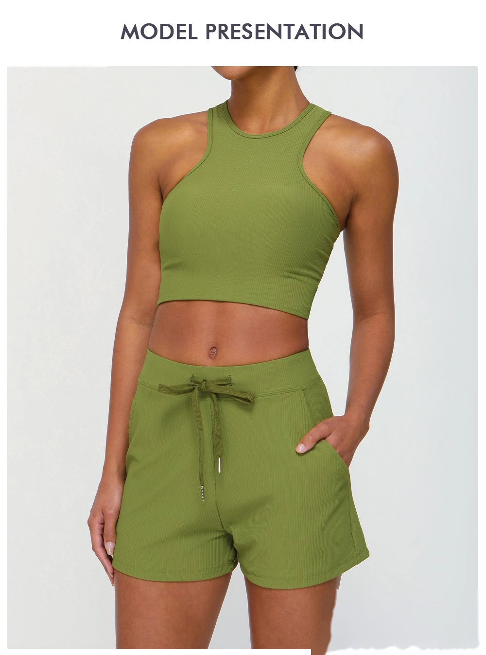 Customized rib loose casual shorts women's drawstring quick-drying yoga shorts pocket high elastic sports pants detail