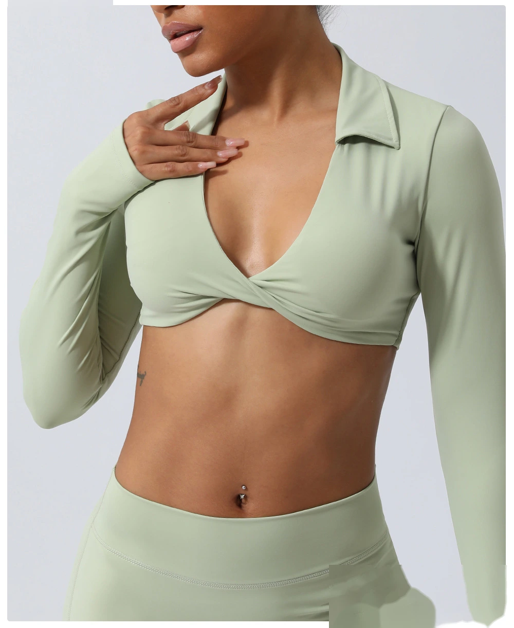 Custom-made nude lapel twisted sports shirt sexy navel yoga clothes long sleeve T-shirt detail