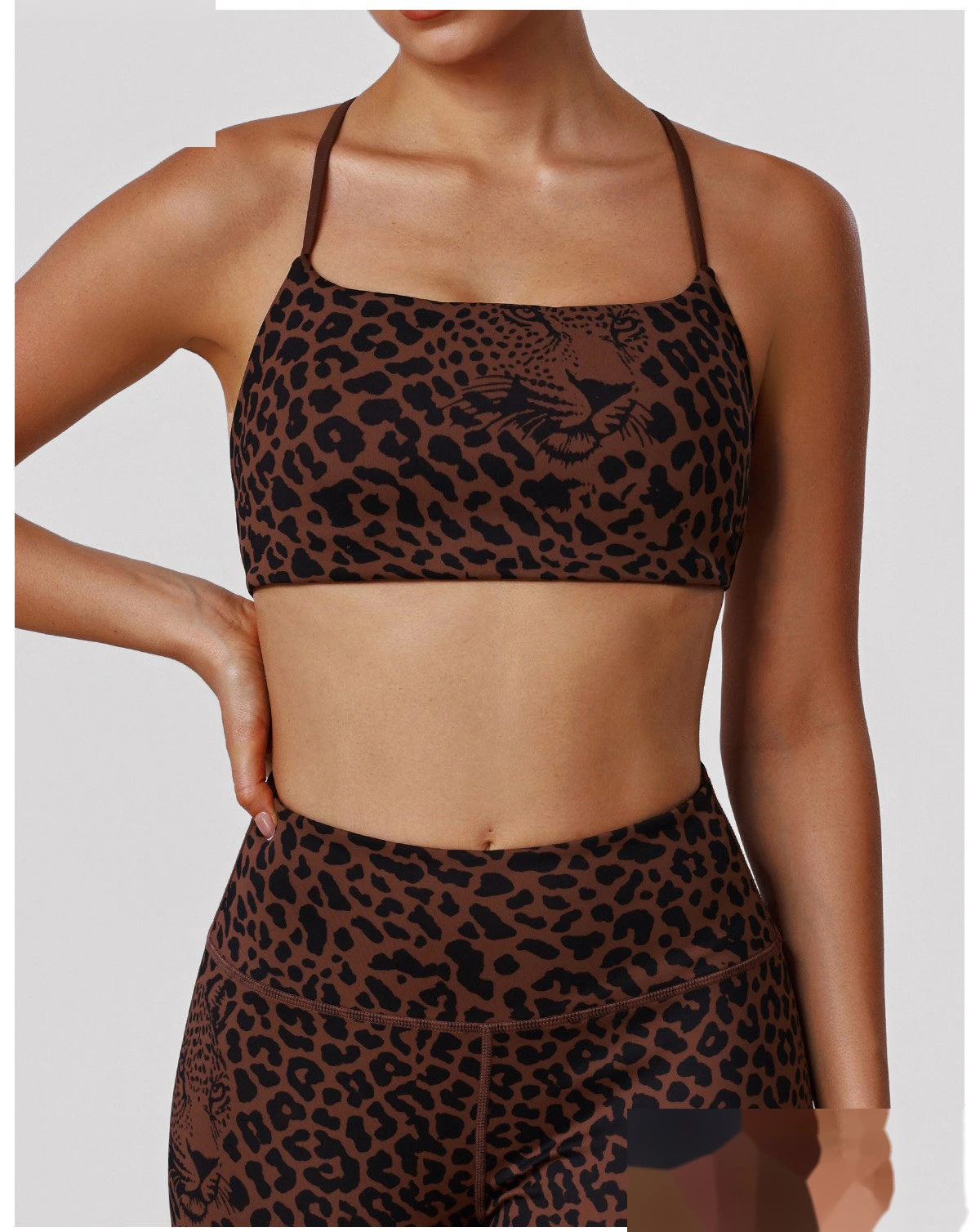Bulk Custom Padded Leopard Sports Bra - Thin-Strap Criss-Cross Back High-Support Workout Yoga Bra detail