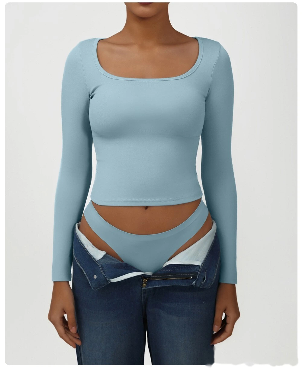 Customized high elastic tight T-shirt casual square collar sexy solid color long sleeve yoga sports shirt detail