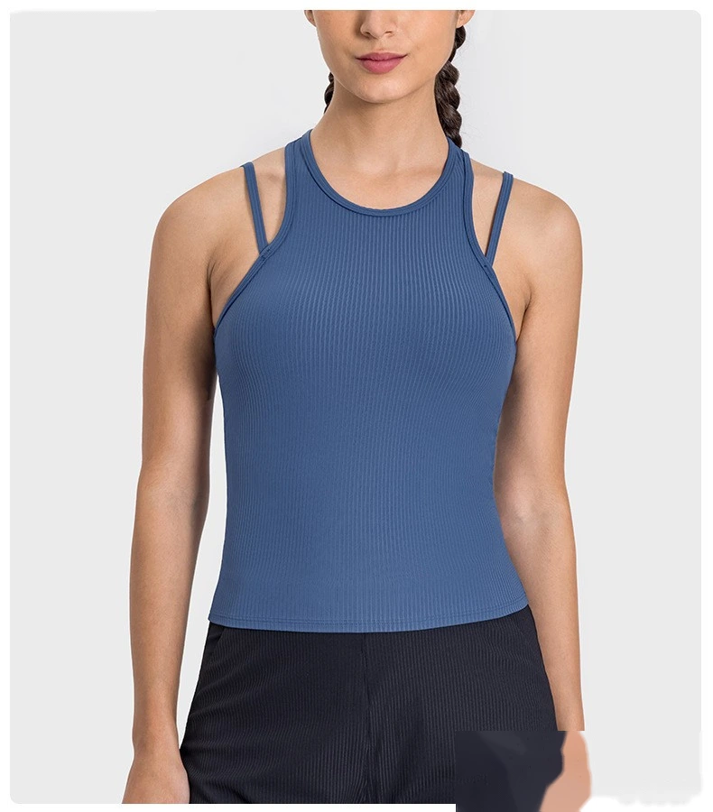 Customized rib new breathable I-shaped back yoga vest with chest pad female fitness bra top detail