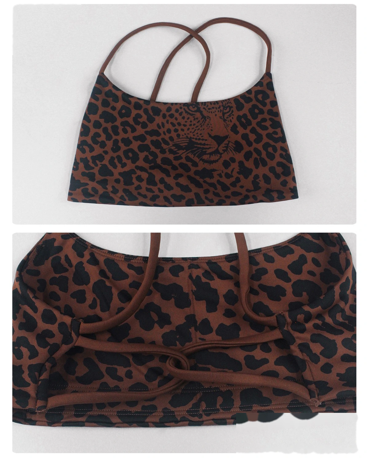 Bulk Custom Padded Leopard Sports Bra - Thin-Strap Criss-Cross Back High-Support Workout Yoga Bra detail