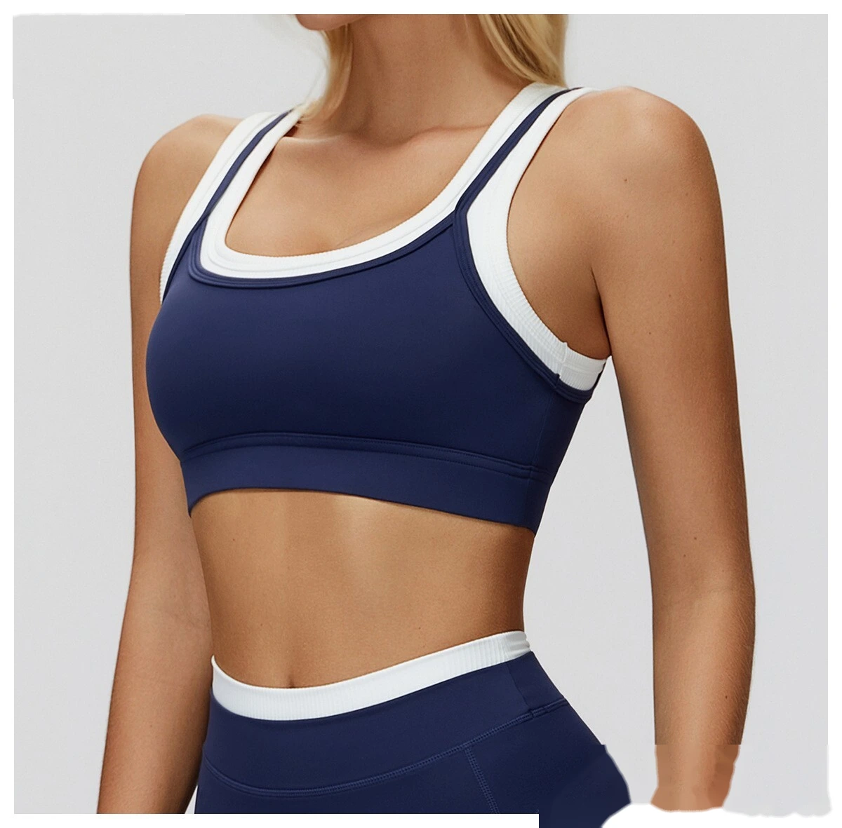 Customizable Naked-Feel Yoga Bra | Women's Fake Two-Piece Ribbed Contrast, Fitness & Running Style detail