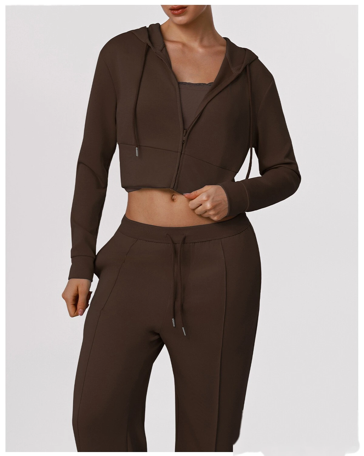 Women's Fall Winter Sports Tracksuit - Customizable Cropped Waist Hooded Jacket + Casual Outdoor Workout Set detail