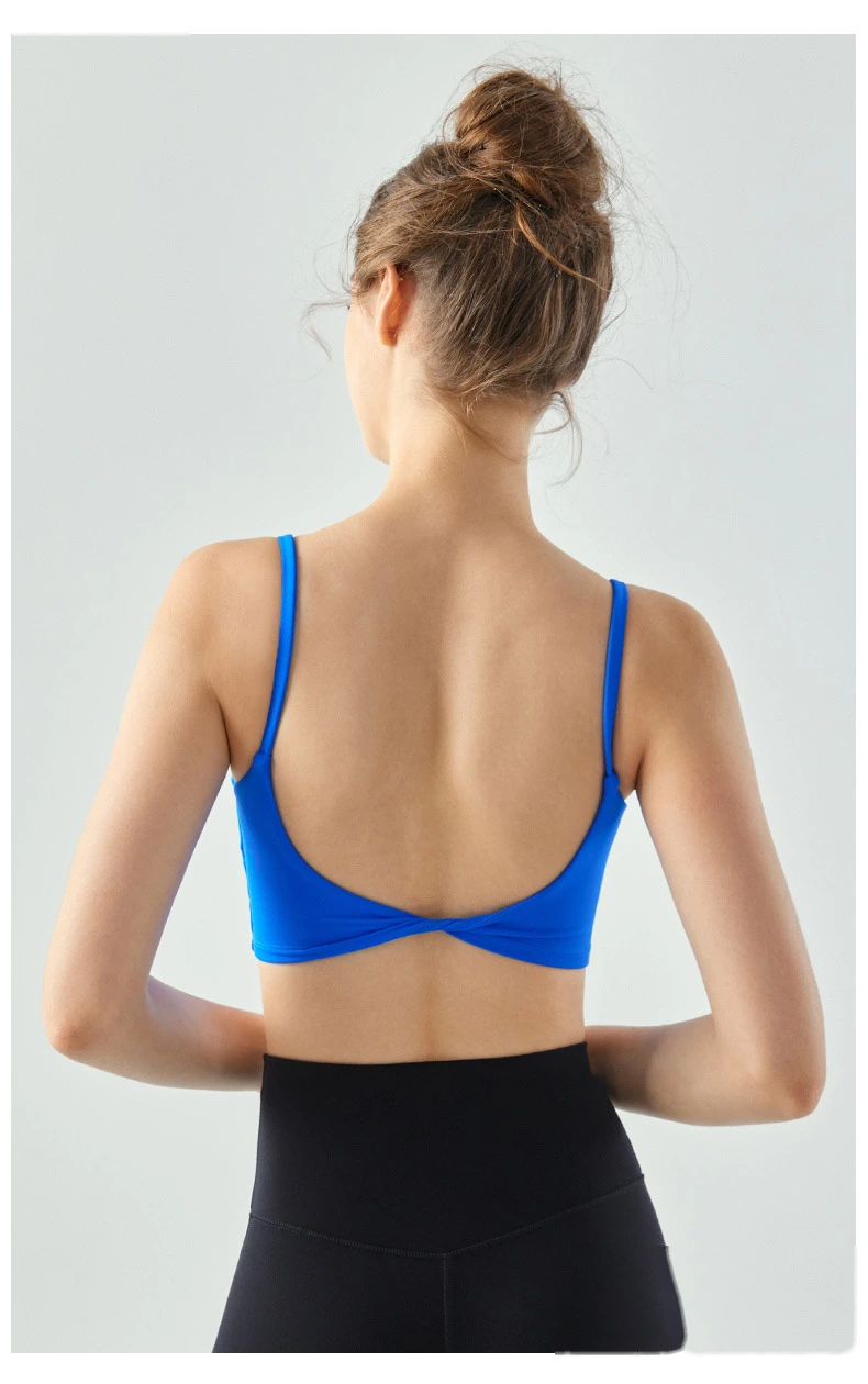 Women U neck spaghetti strap padded crop vest running fitness sports bra detail