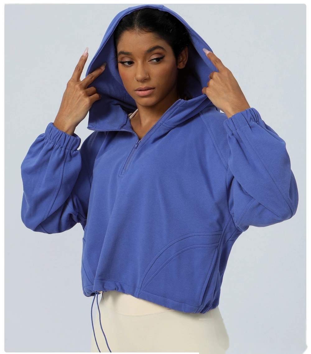 Custom hooded zipper loose yoga fitness jacket women's outdoor running coat long sleeve sweater detail