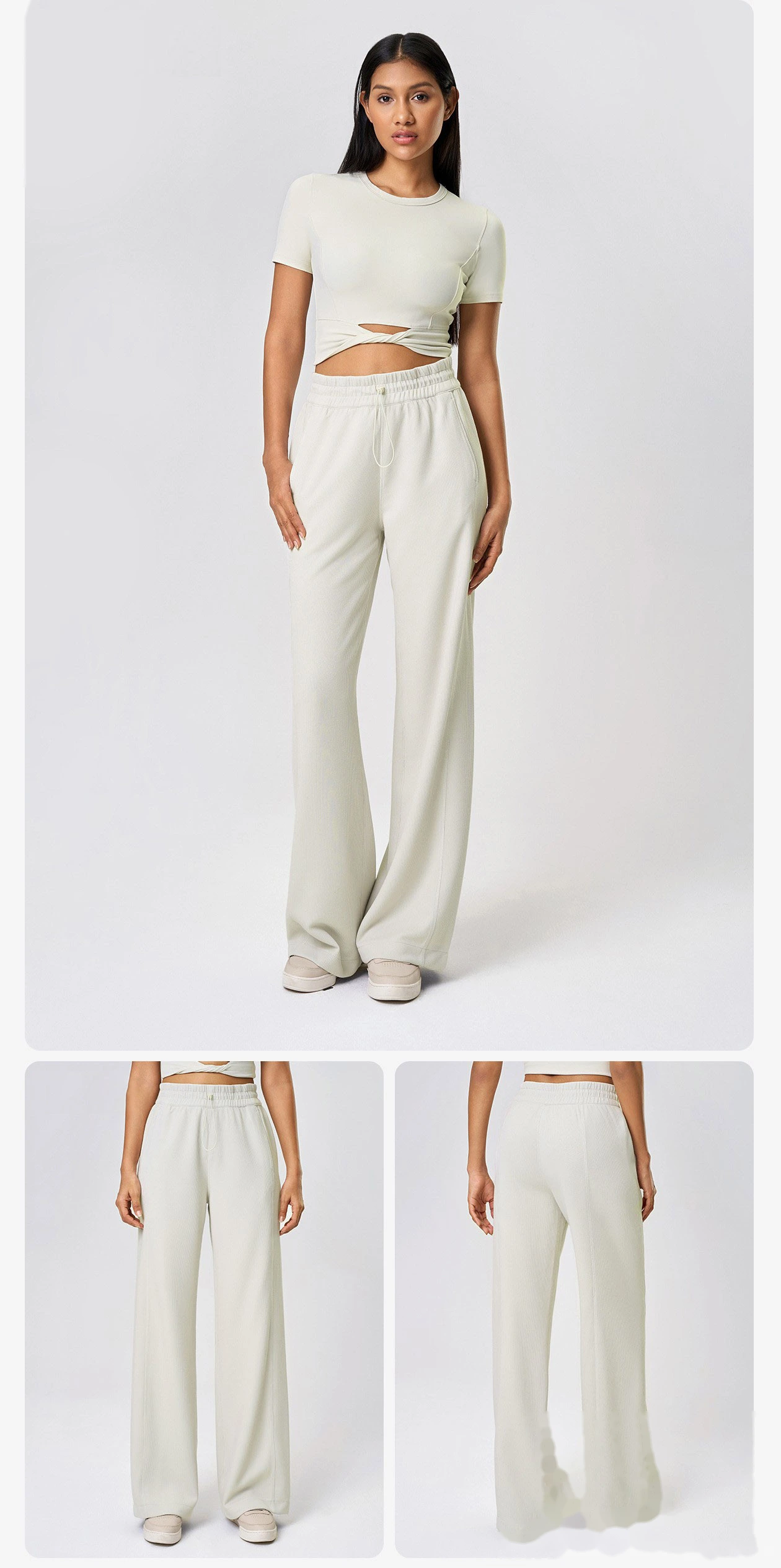 Yoga high waist straight pants waist drawstring casual pants with long legs and loose wide legs running pants detail