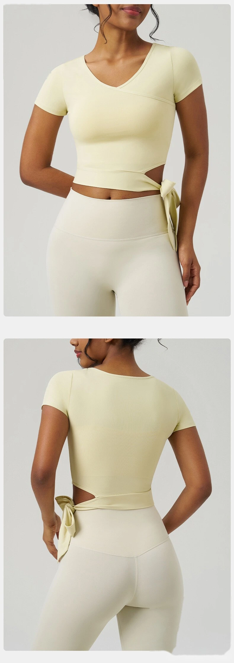 Customized yoga clothes short-sleeved women's V-neck quick-drying and cool sense sports coat side waist strap fitness detail