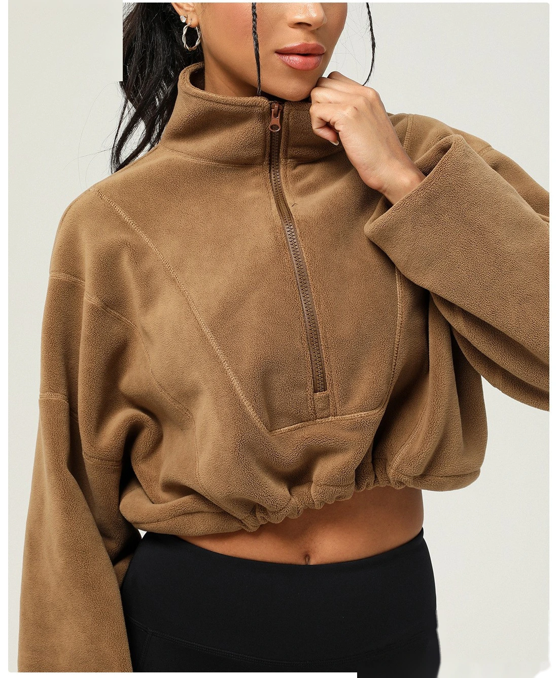 Customized autumn and winter Olympic fleece long-sleeved sweater stand-up zipper short casual warm sportswear women detail