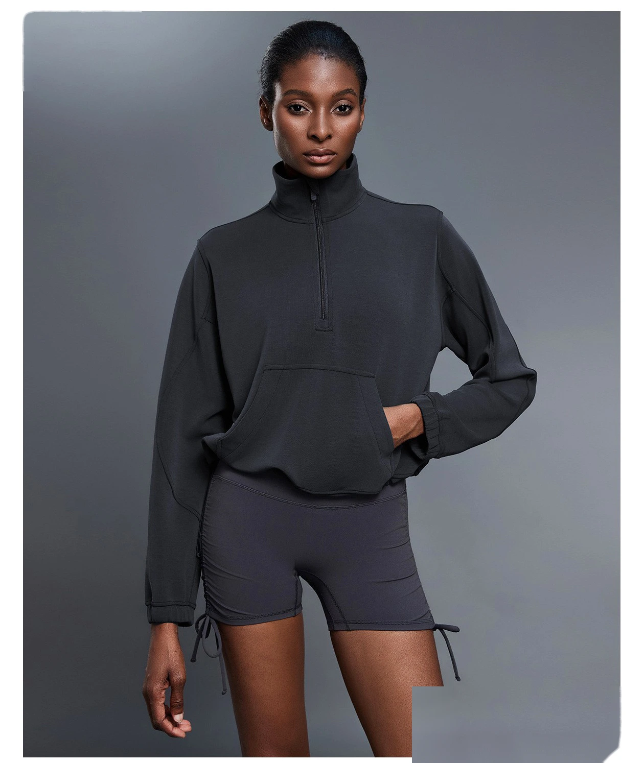 Women's Windproof Stand Collar Half-Zip Sweatshirt - Customizable Loose Drawstring Hem Fitness & Casual Sports Wear detail