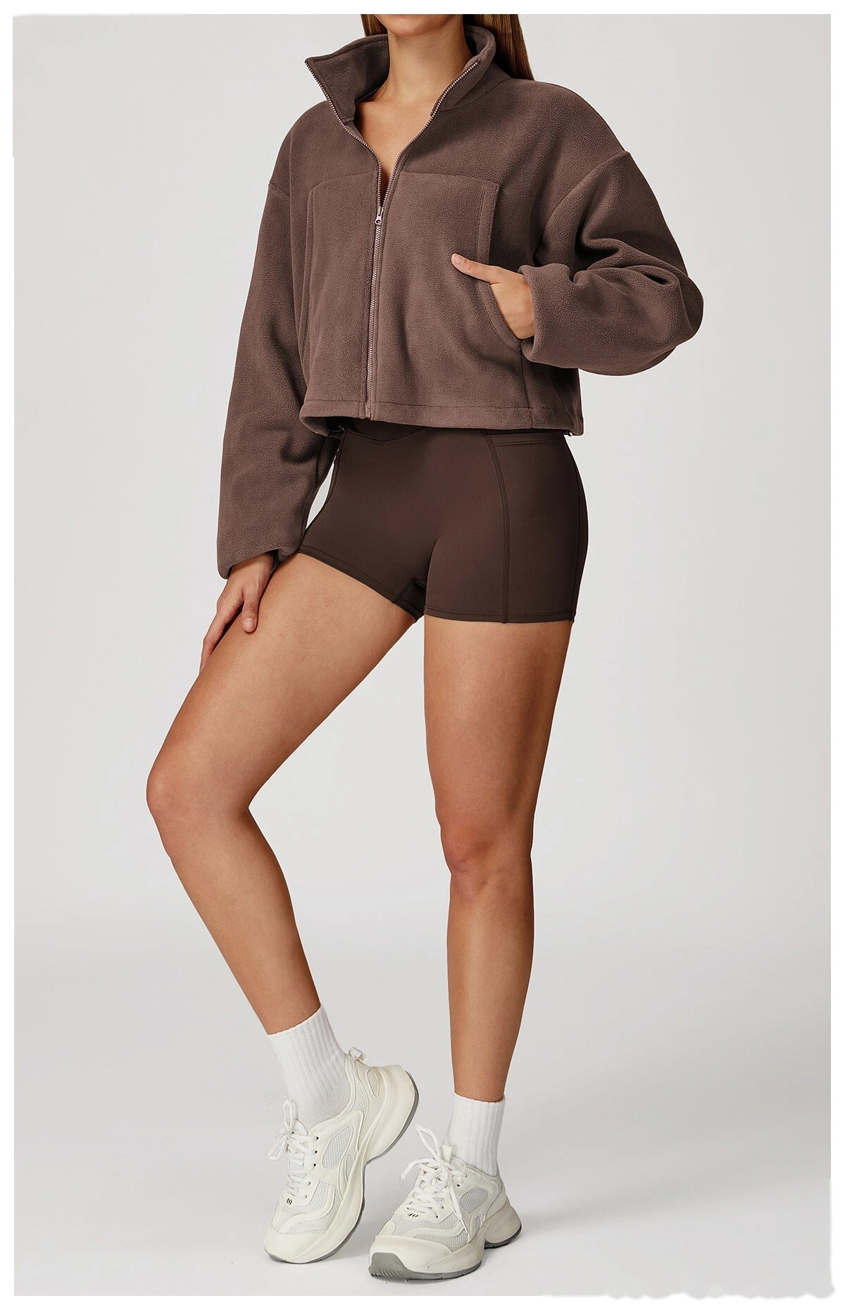 Customized Stand-Collar Windproof Warm Polar Fleece Drawstring Jacket - Women’s Fleece-Lined Athletic Sweatshirt detail