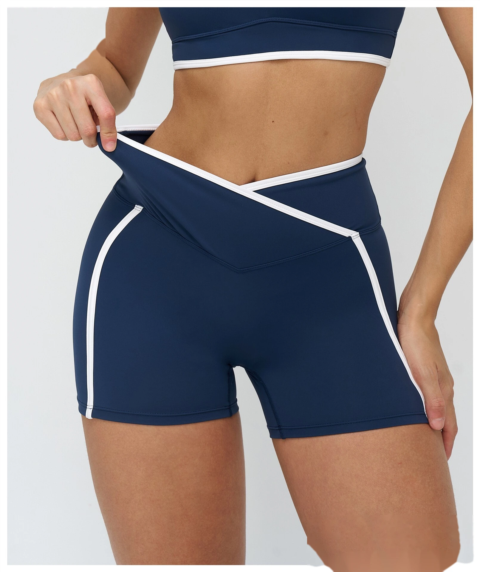 Custom Color Block Tight Workout Shorts - Buttery Soft Cross Waist Yoga Running Shorts detail
