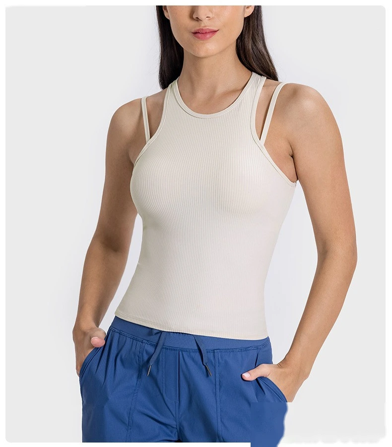 Customized rib new breathable I-shaped back yoga vest with chest pad female fitness bra top detail