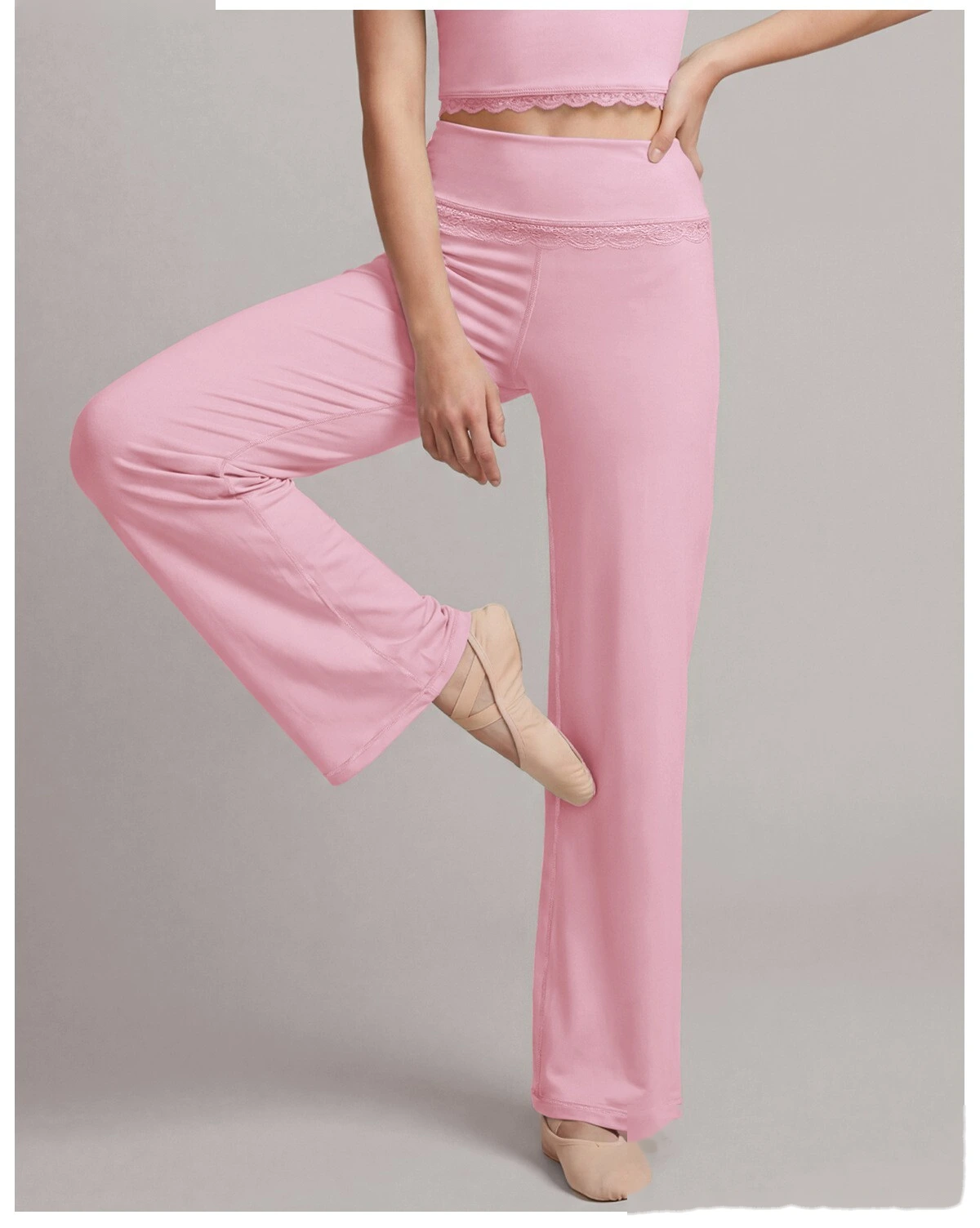 Custom 2 Piece Yoga Set, Lace Spliced Top & Straight Wide Leg Pants, Soft Stretch Activewear Outfit for Dance Training detail