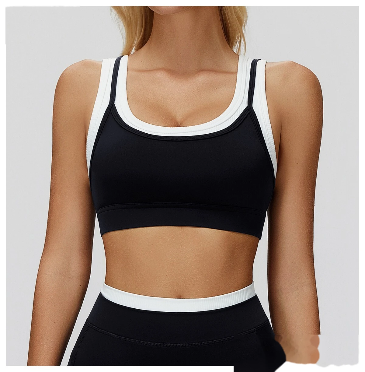 Customizable Naked-Feel Yoga Bra | Women's Fake Two-Piece Ribbed Contrast, Fitness & Running Style detail
