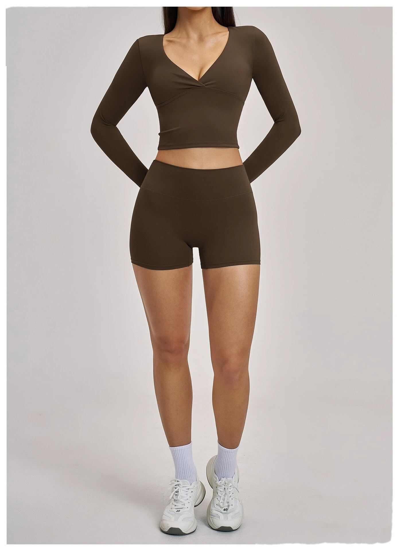 Women’s Custom Spring Summer High Stretch Slim Fit V-Neck Long Sleeve Yoga T-Shirt Fitness Workout Top detail