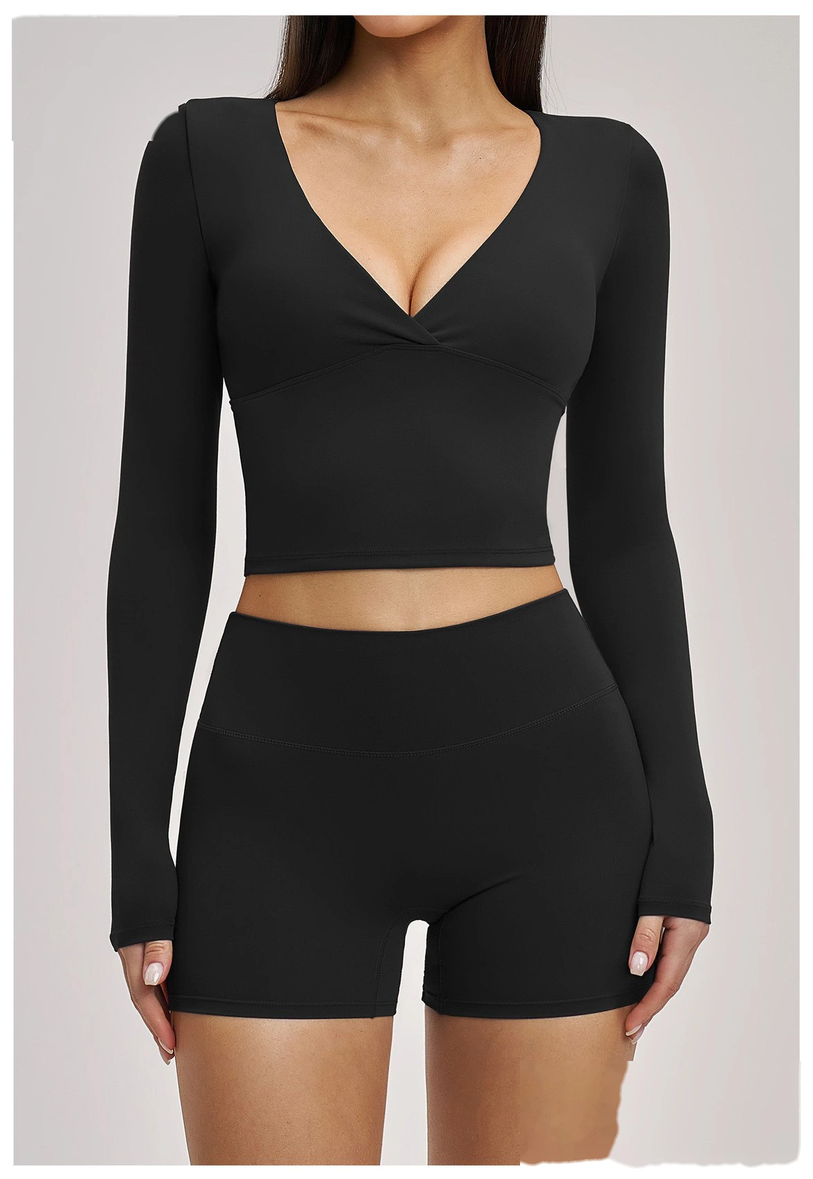 Women’s Custom Spring Summer High Stretch Slim Fit V-Neck Long Sleeve Yoga T-Shirt Fitness Workout Top detail