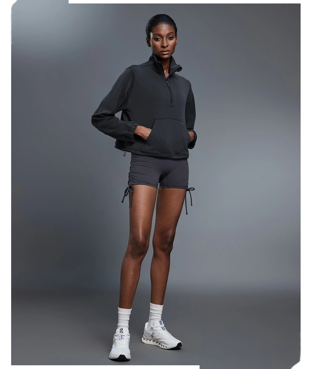 Women's Windproof Stand Collar Half-Zip Sweatshirt - Customizable Loose Drawstring Hem Fitness & Casual Sports Wear detail