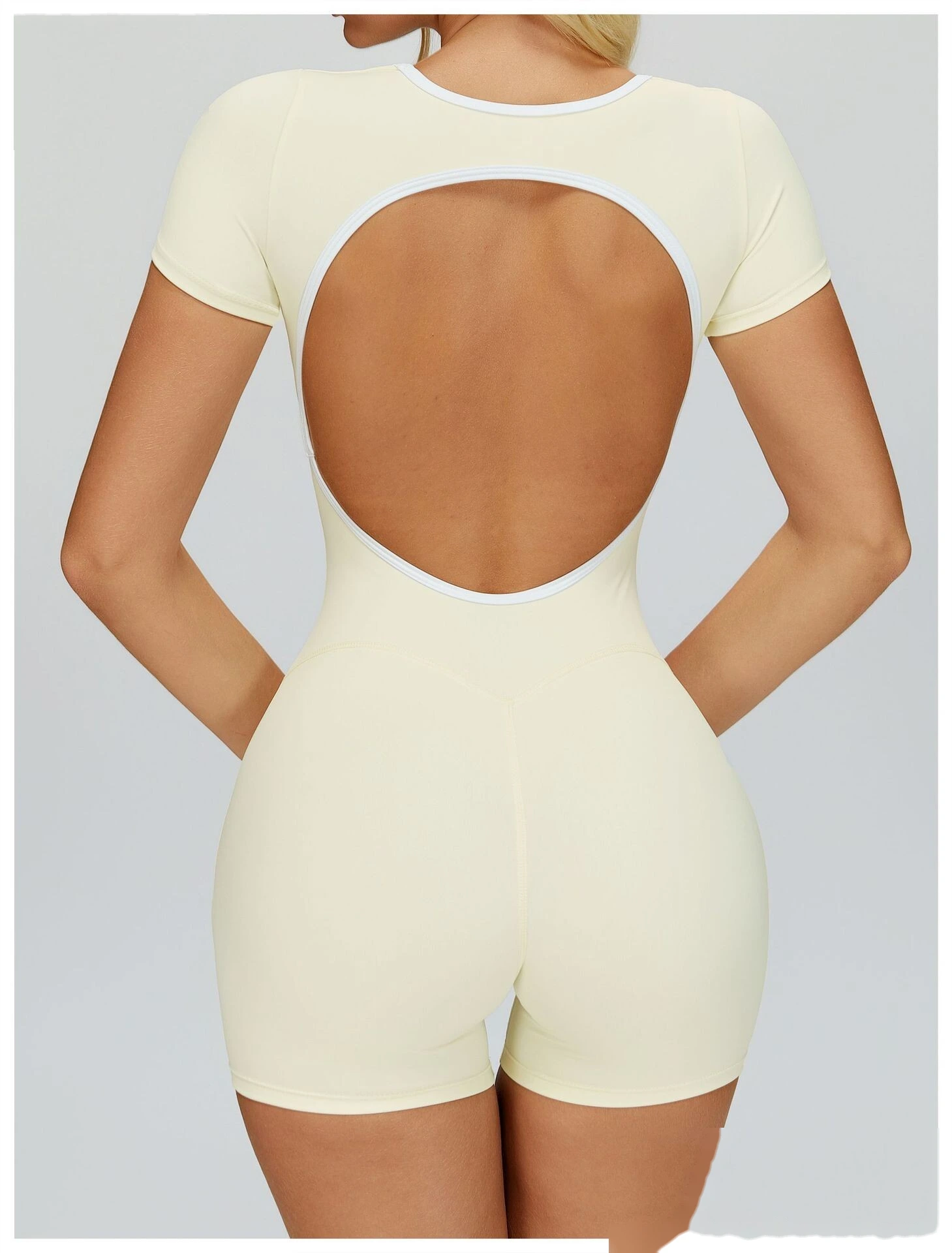 Custom Naked-Feel Yoga Jumpsuit - Women’s Color Block Openwork Cutout Back Tight Fitness Running Bodysuit detail