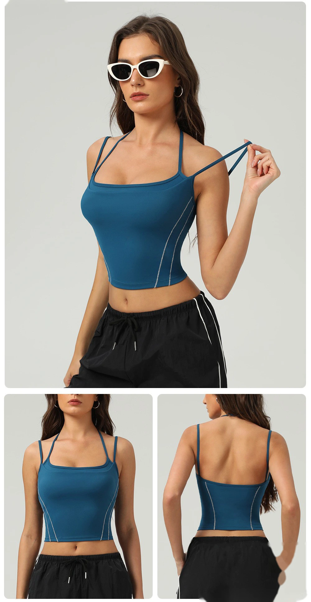 Customized nude contrast top tight waist outdoor sports bra women's thin shoulder strap vest suspender bra detail
