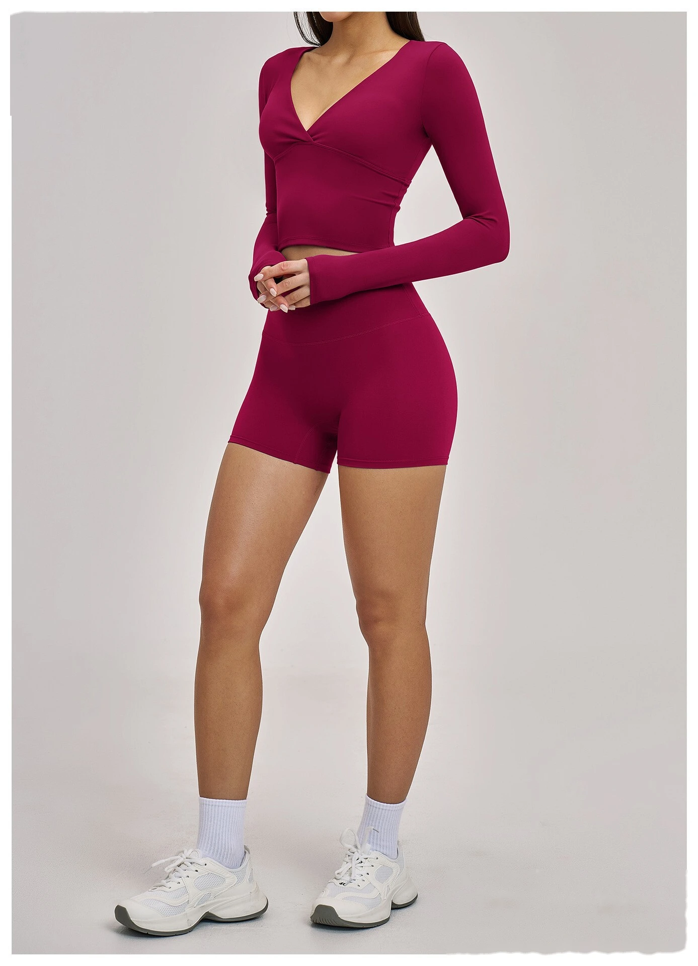 Women’s Custom Spring Summer High Stretch Slim Fit V-Neck Long Sleeve Yoga T-Shirt Fitness Workout Top detail