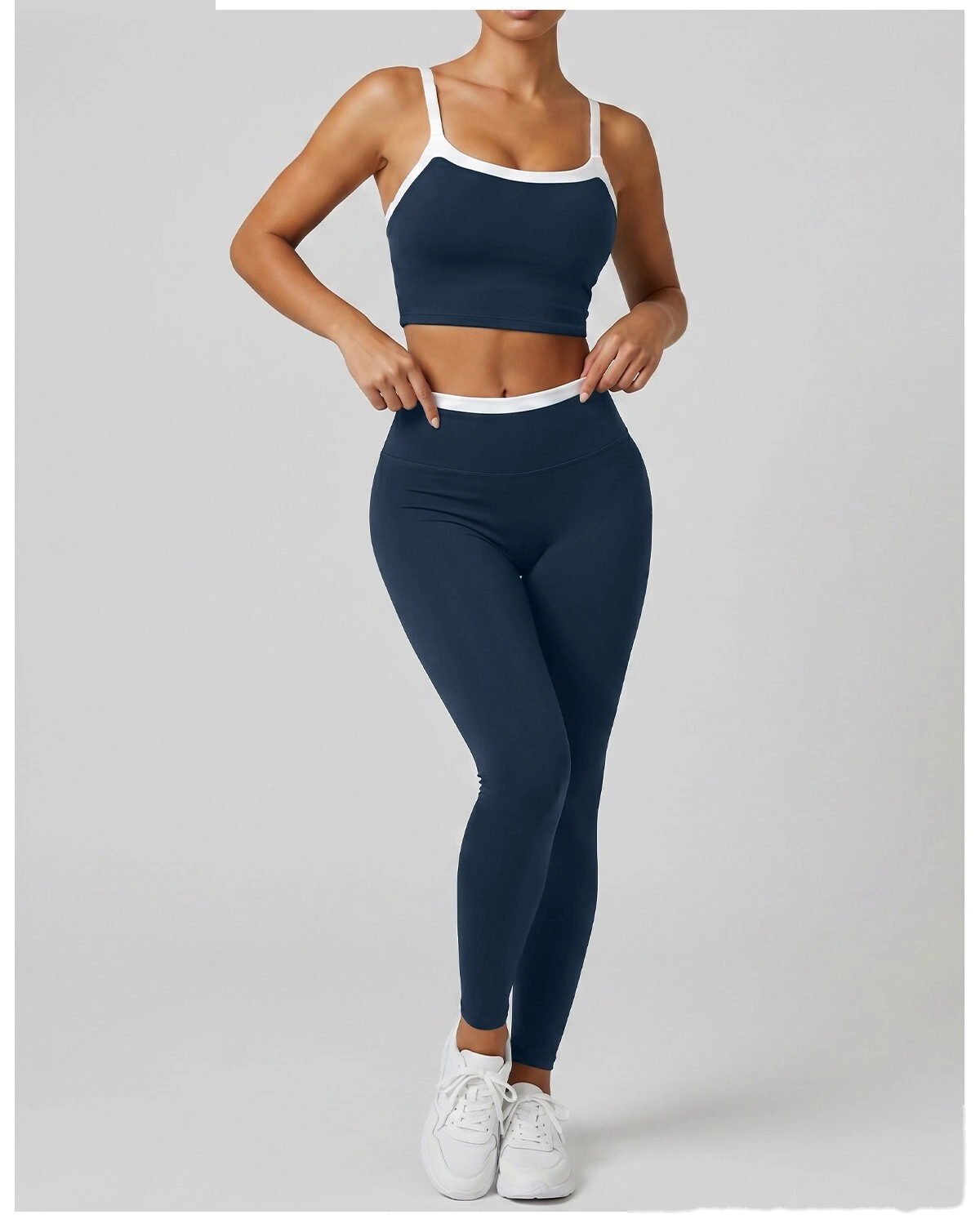 Women Contrast Color Activewear Set, Crisscross Back Tank Top + High Rise Stretch Leggings, Soft Naked-Feel Gym Outfit detail