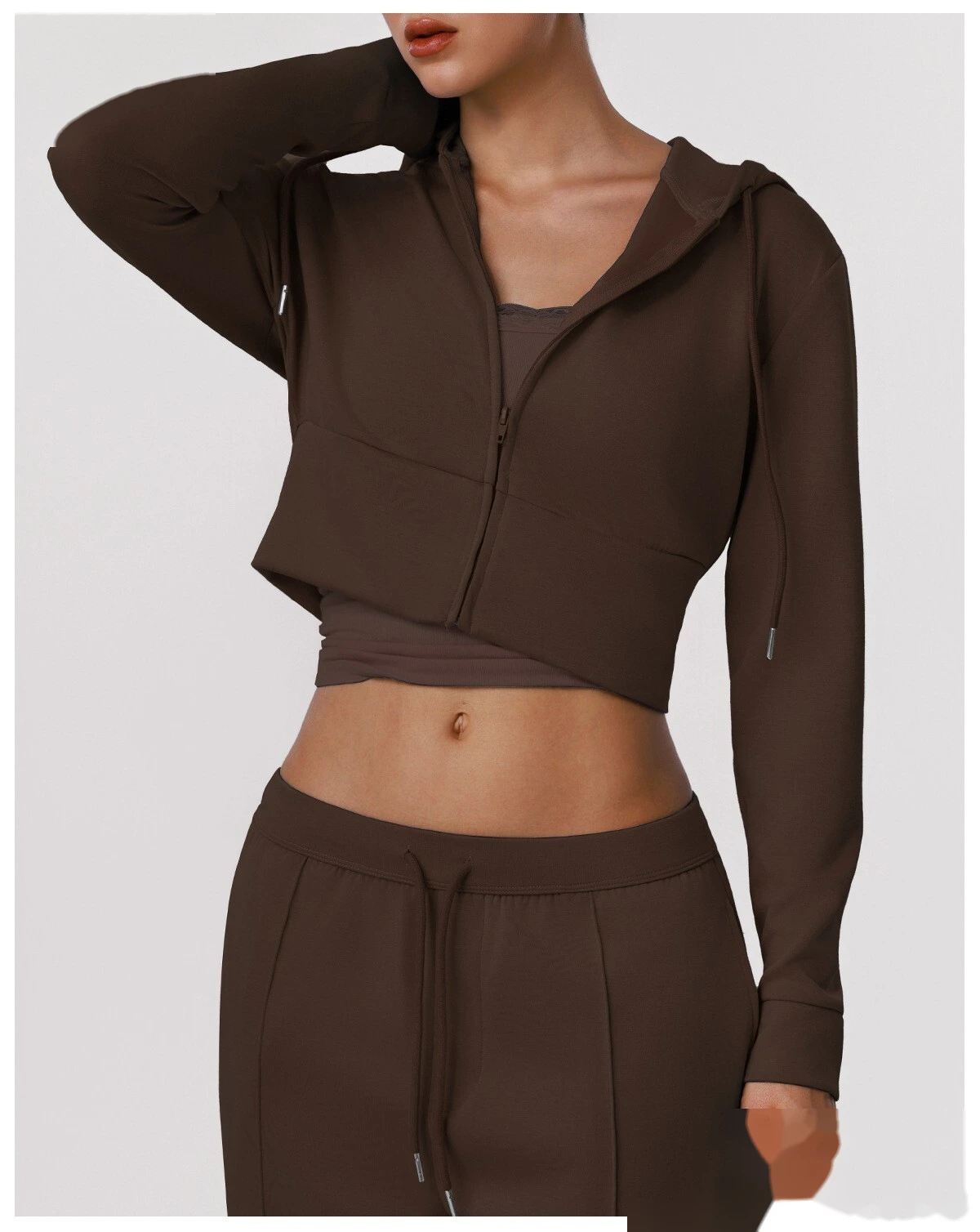 Women's Fall Winter Sports Tracksuit - Customizable Cropped Waist Hooded Jacket + Casual Outdoor Workout Set detail