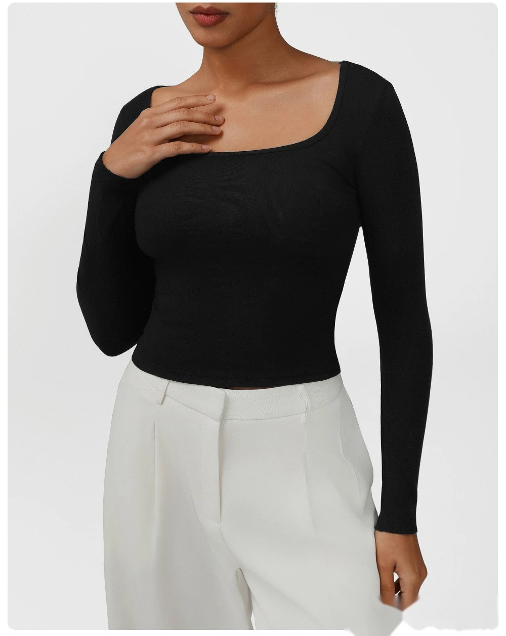 Customized high elastic tight T-shirt casual square collar sexy solid color long sleeve yoga sports shirt detail