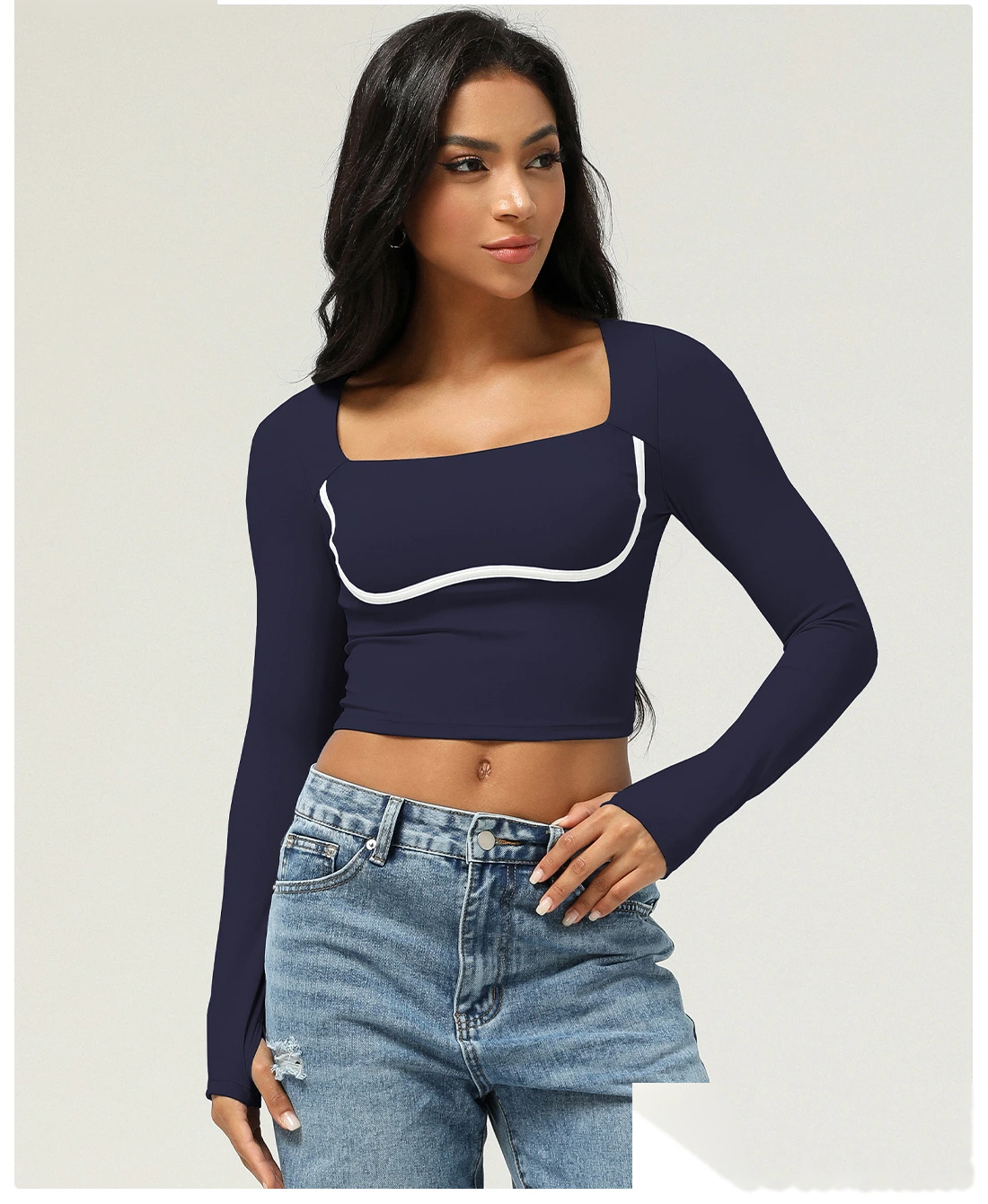 Customized sports long-sleeved T-shirt women slim fitness yoga clothes tops women with chest pads detail