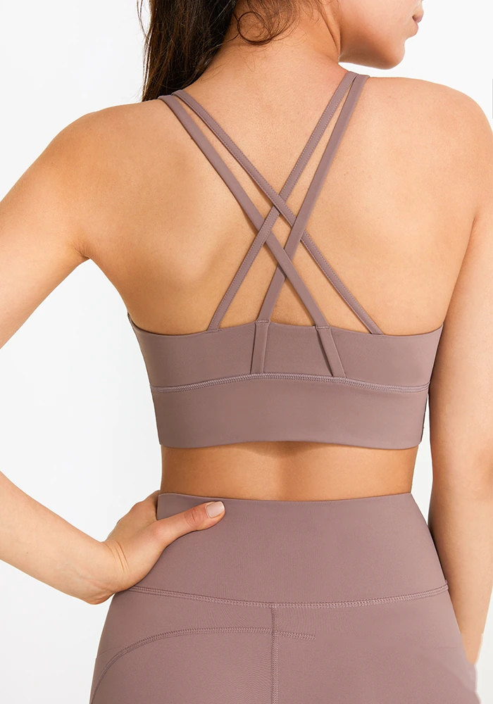 Women cross strappy sports bra running fitness workout gym top detail