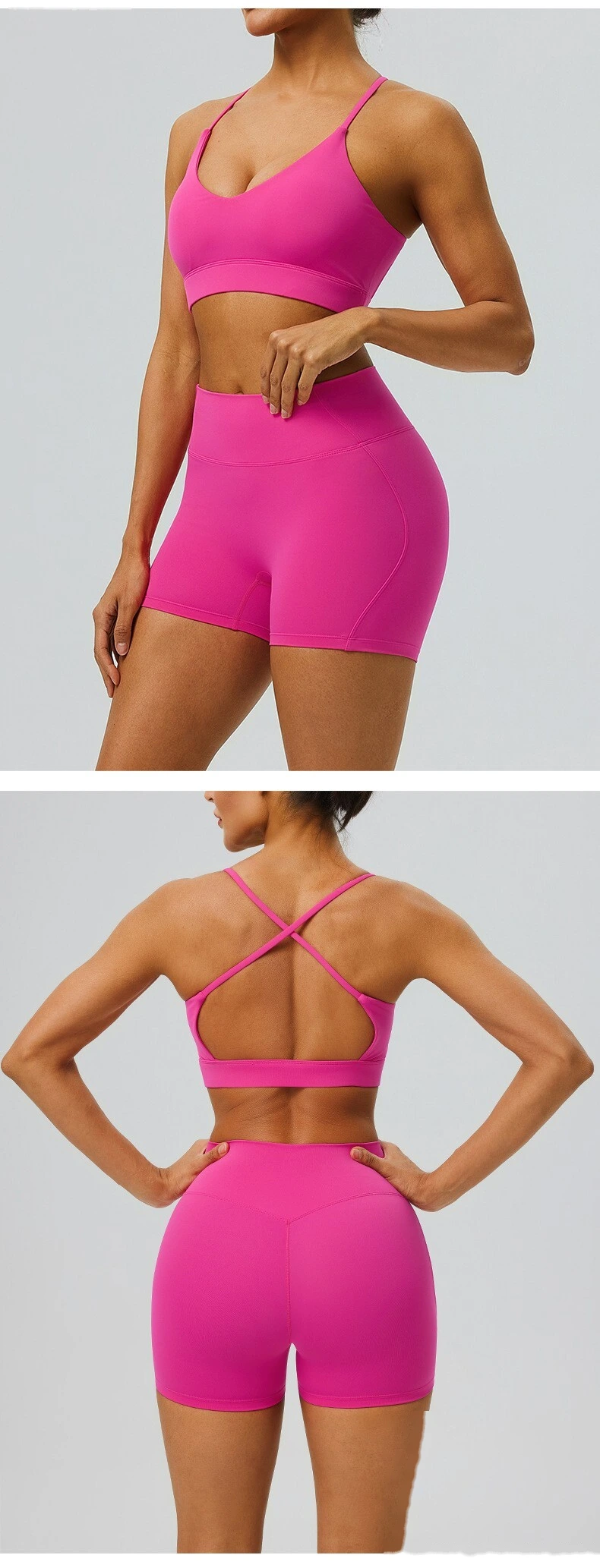 Custom Women’s Breathable Quick Dry Active Set Beauty Back Sports Bra High Waist Gym Shorts Fitness 2 Piece Outfit detail