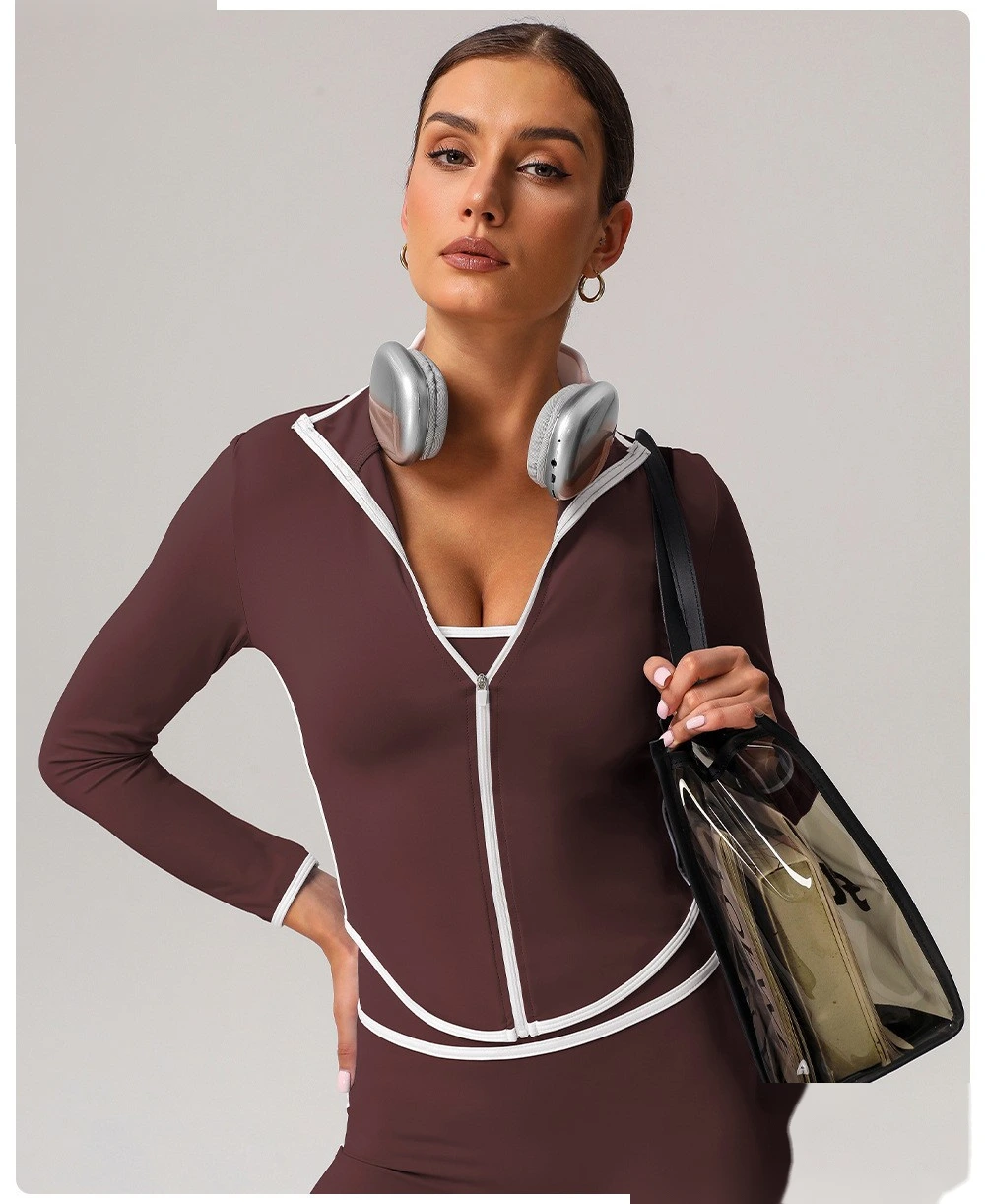 Customized contrast sports yoga coat stand collar long sleeve coat outdoor fitness clothes top detail