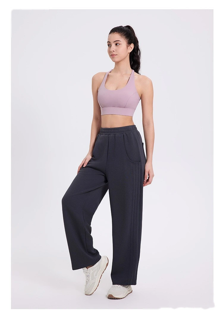 Custom autumn and winter sports pants women's classic three-bar padded high waist casual straight pants detail