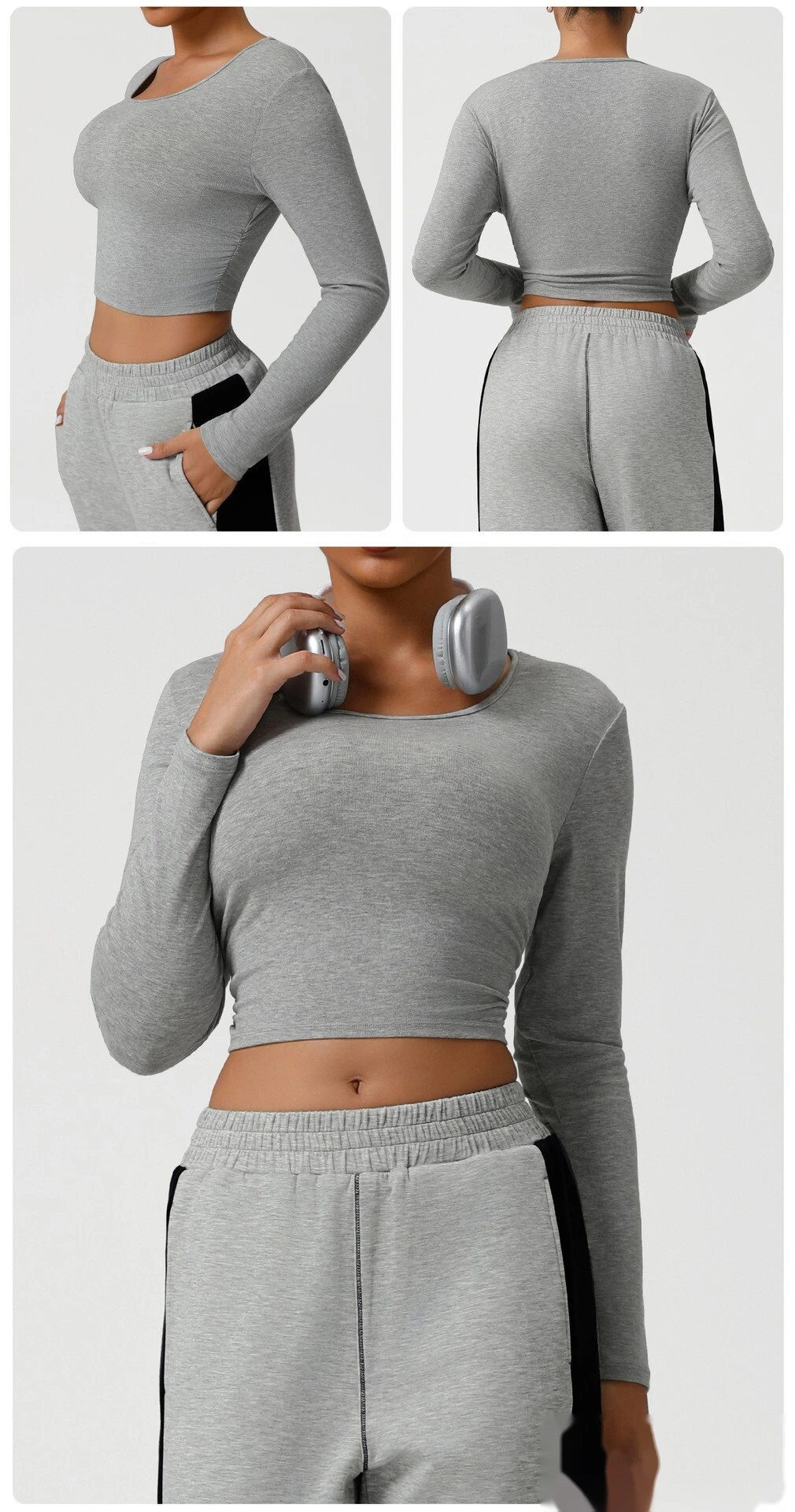 Custom-made threaded short yoga clothes female umbilical slim running autumn sports long sleeve T-shirt top. detail