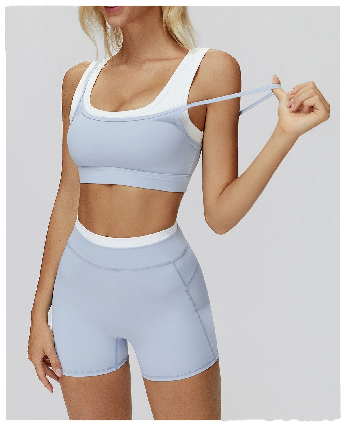 Customizable Naked-Feel Yoga Bra | Women's Fake Two-Piece Ribbed Contrast, Fitness & Running Style detail