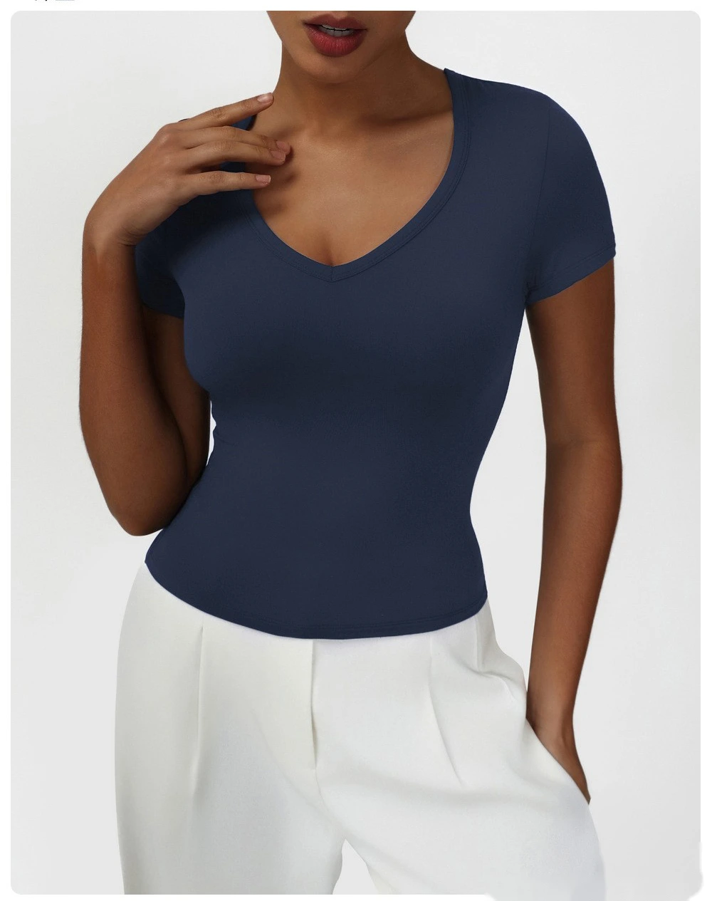 Custom tight fashion casual sports T-shirt small V-neck sexy high-elastic yoga clothes short-sleeved shirt detail